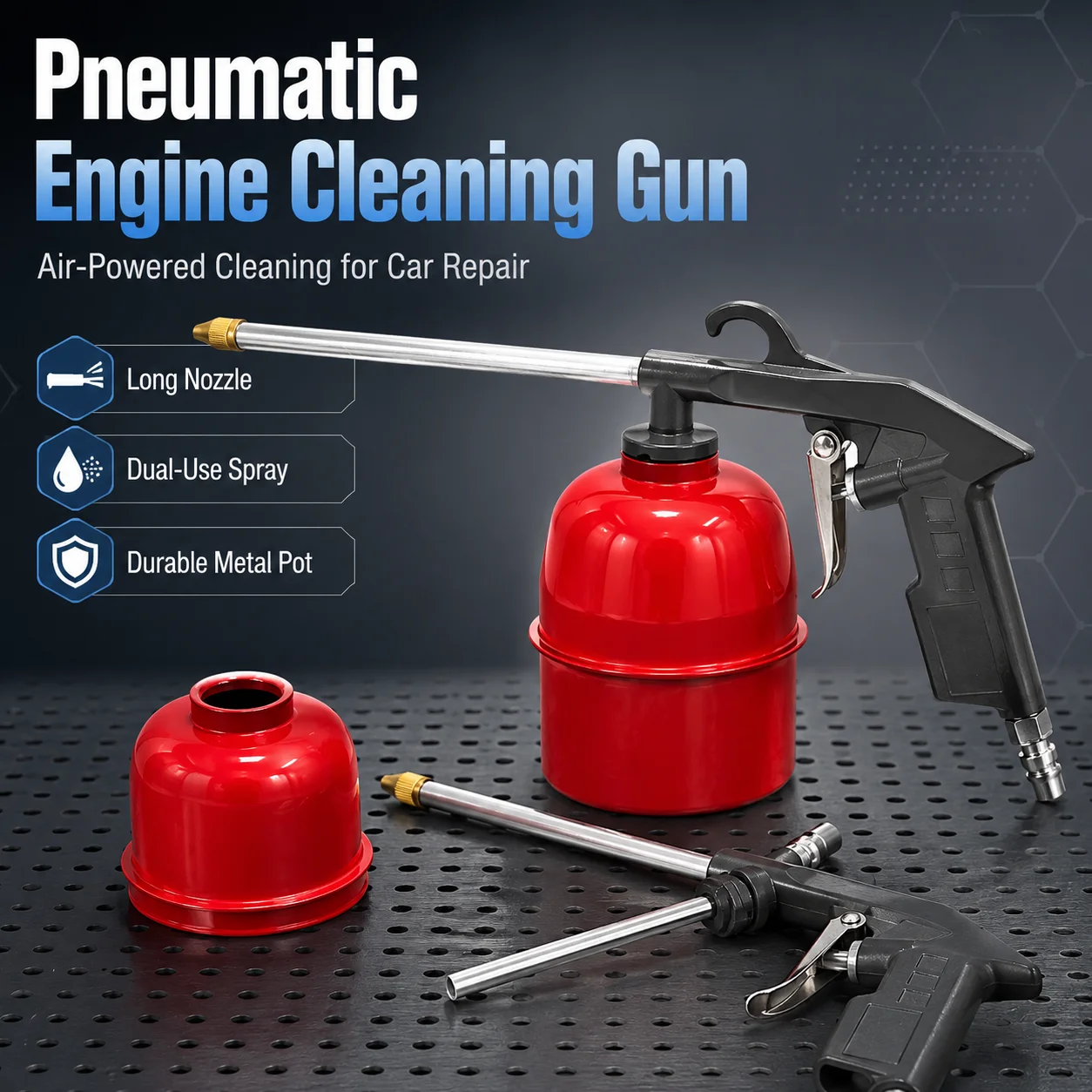 Pneumatic Car Engine Cleaning Gun 1Pc Zinc Alloy with Red Pot Long Nozzle Air Liquid Dual Use Tool for Oil Channel Dust Repair