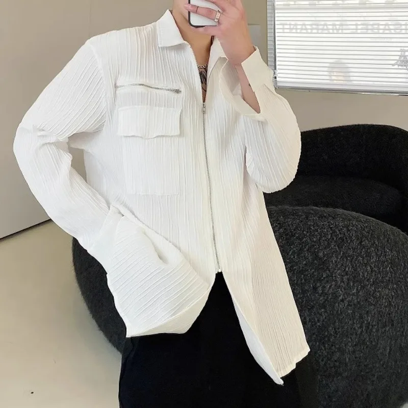 Trendy Simplicity Solid Color Long Sleeved Shirts Men's Zipper Design Lapel Shirt Fashion Loose Casual Shirts Social High Street
