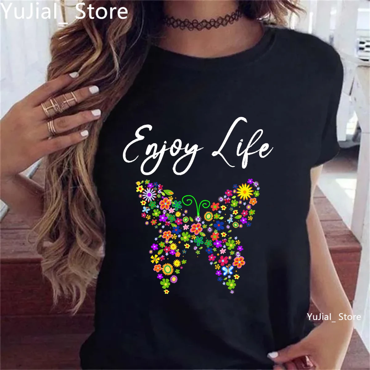 Enjoy Life Rainbow Butterfly Flowers Printed T Shirt Women Free As A Butterfly Fashion Summer Tshirt Girls  Kawaii Clothes