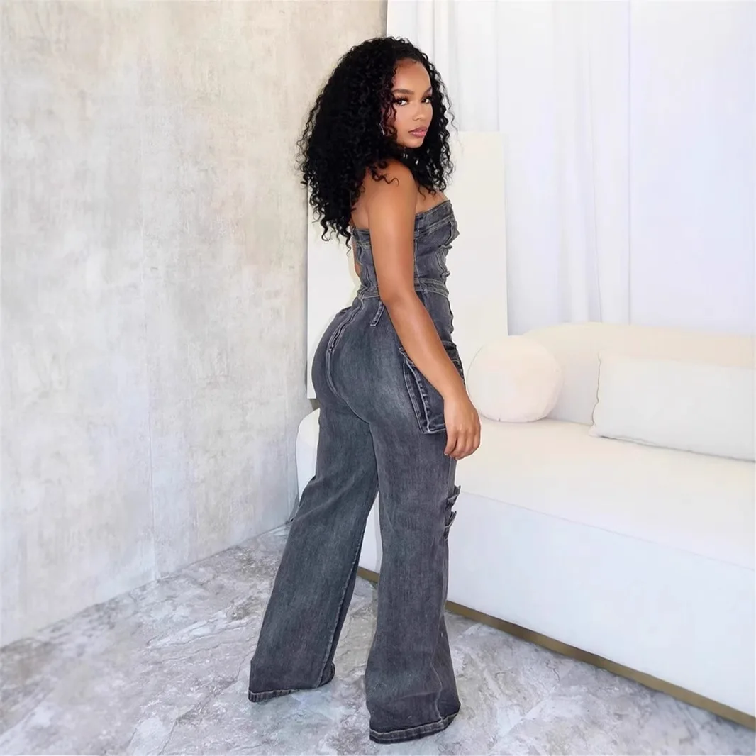 Y2k Women's Denim Jumpsuit Trendy Fashion Spice Chest Breasted Multi-Pocket Cargo Pants Hollow Out Sexy Streetwear Slim Overalls