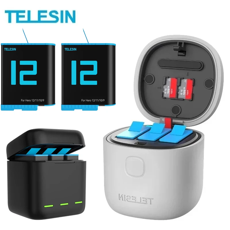 TELESIN 3Pack 1750mAh Battery GoPro 3 Ways Charger TF Card Reader Storage Charging Box for GoPro Hero 12 11 10 9 Black Accessory