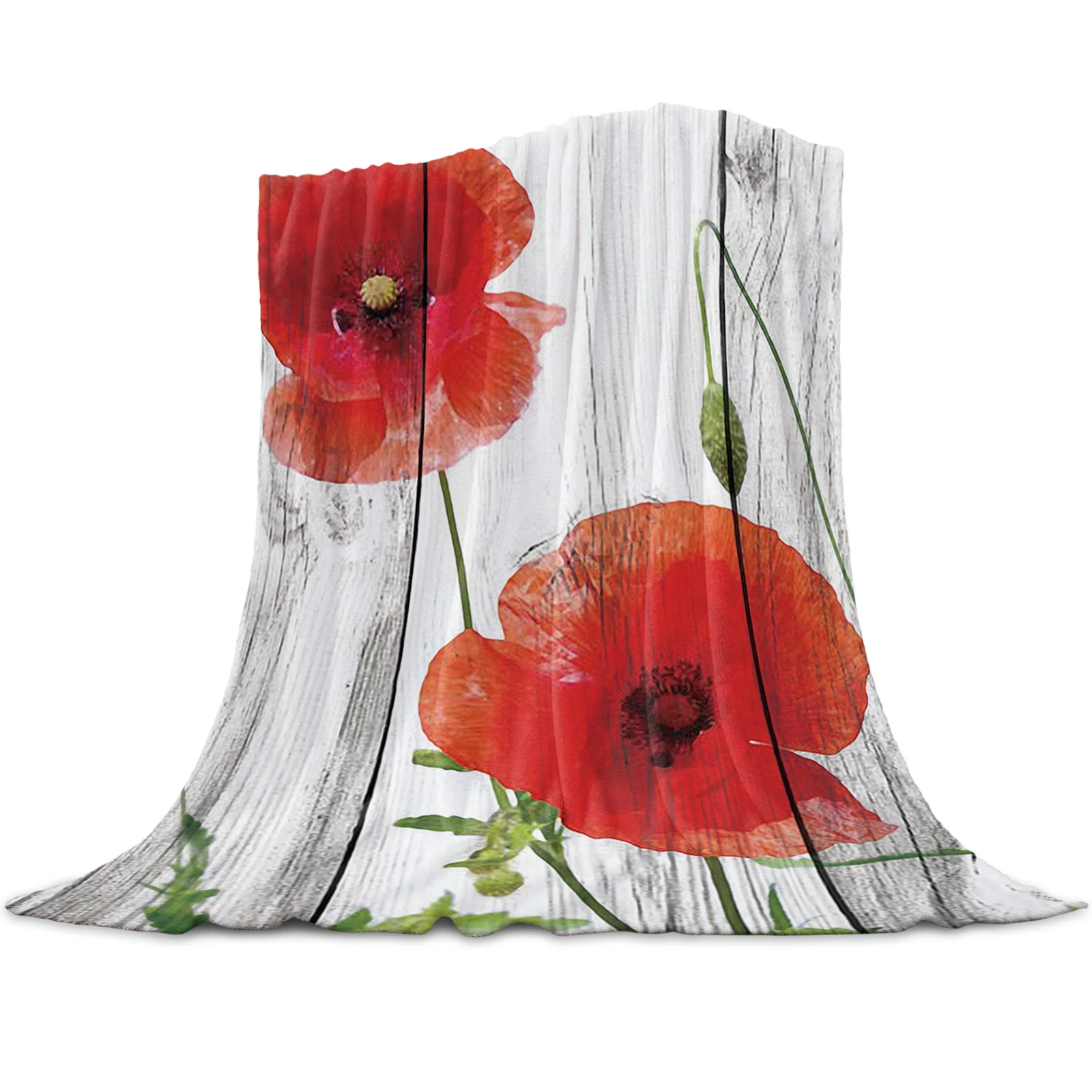 Vintage Wood Red Flowers Poppy Printed Throw Blanket Flannel Fleece Blankets Soft Throws for Sofa Couch Bed Bedroom Bedspread