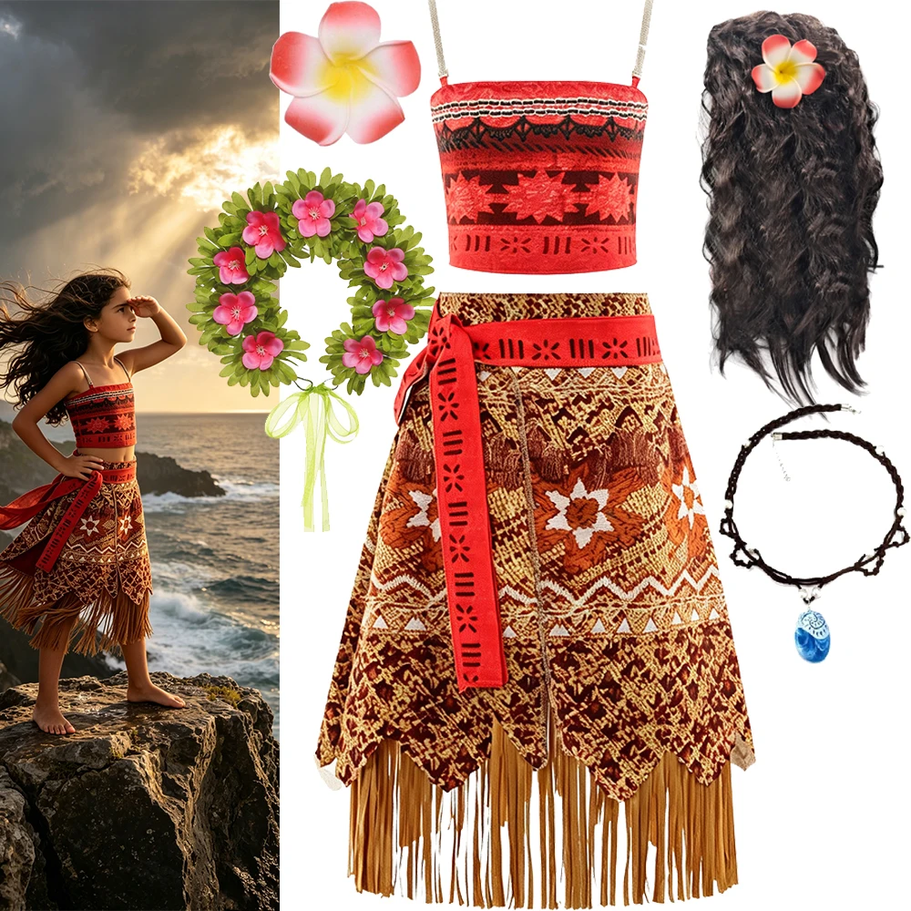 Moana Kids Costume Clothes Sleeveless Halter Long Dress Set with Flower Necklace for Girls Summer Beach Party Cosplay Outfit