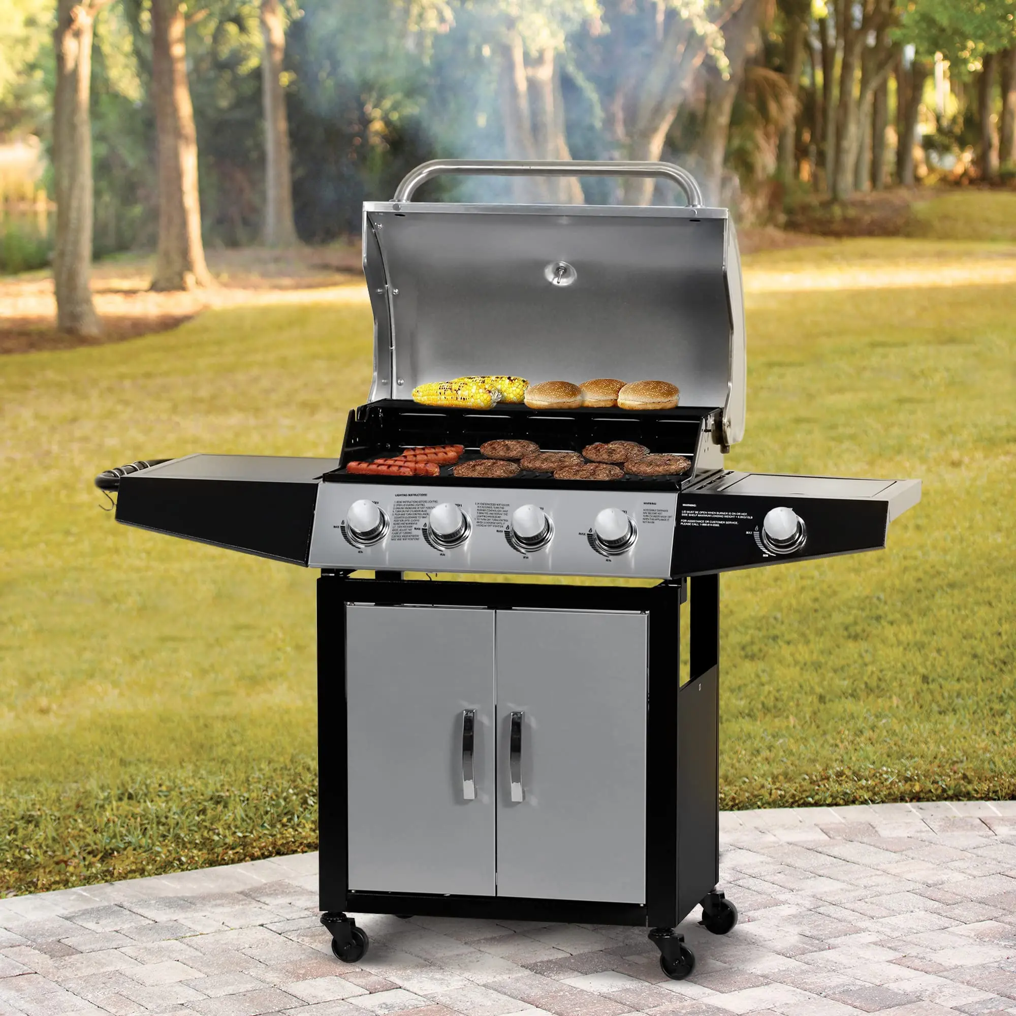 Stainless Steel Propane Gas Grill, Tube Burners Folding Outdoor Kitchen, Camping BBQ for Backyard Party Family Events