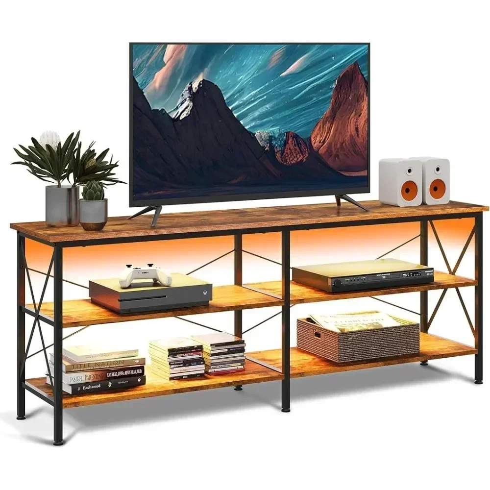 

63 inch entertainment center with LED,TV media console with 3-layer storage rack, for living room and bedroom, plain brown color