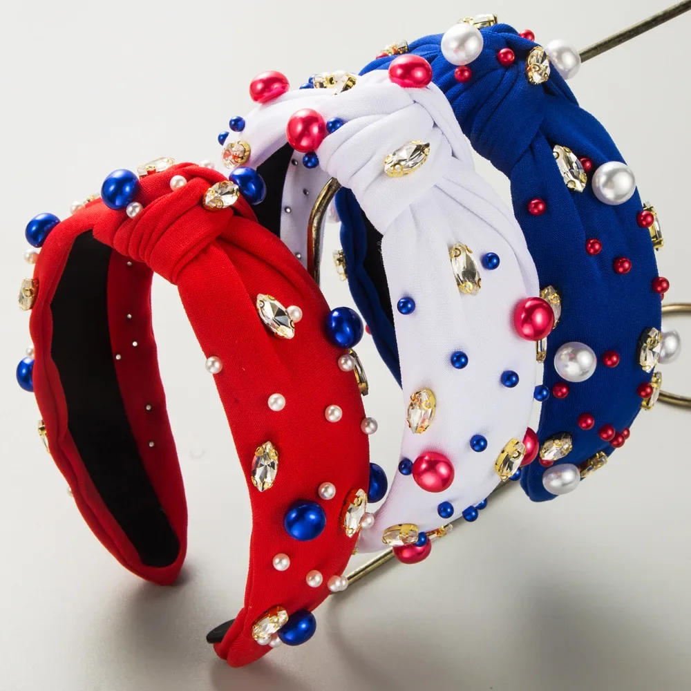 Independence Day New Knotted Beaded High Skull Top Headband Fashion Trend Large and Small Pearls Hair Accessories Female