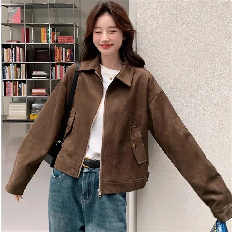Autumn Lady Solid Color Short Korean Women High-end Long Sleeves Casual Outwear Spring Femme Fashion Lmitation Suede Coat