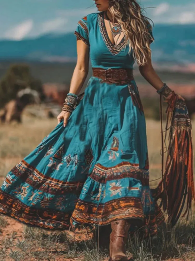 Robe longue à imprimé ethnique, ourlet ample, style Boho, col en V, taille haute, manches courtes, vacances, Maxi, printemps, 2026