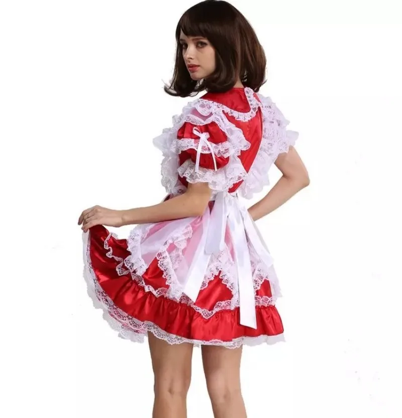 Новое сексуальное красное атласное запираемое кружевное шифоновое платье с короткими рукавами, карнавальный костюм горничной для девочек на заказ