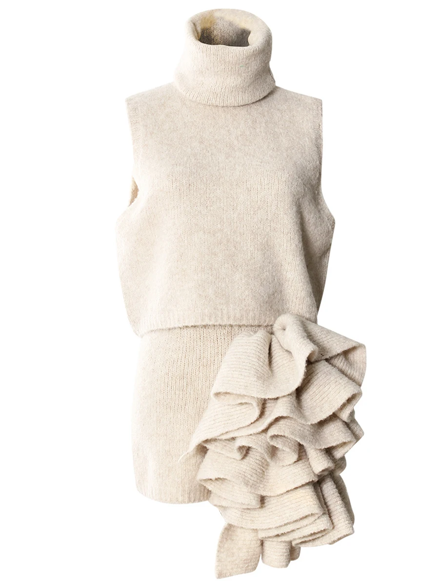 VGH Casual Three Piece Sets For Women Lapel Long Sleeve Coat Turtleneck Sleeveless Top High Waist Skirt Sexy Set Female Fashion