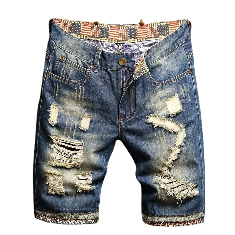 

2025 Summer Ripped Denim Shorts Jeans Men's Five Quarter Loose Size Medium Pants Fashion Brand Personality Beggar