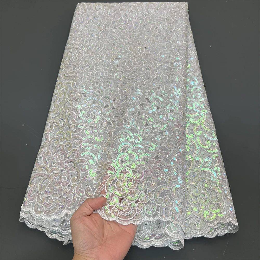 Latest African Lace Fabric 2024 High Quality,Fabrics By The Meters,Sequin,Tulle,Wedding Dresses,Embroidery,Mesh,Cloth,5 Yards