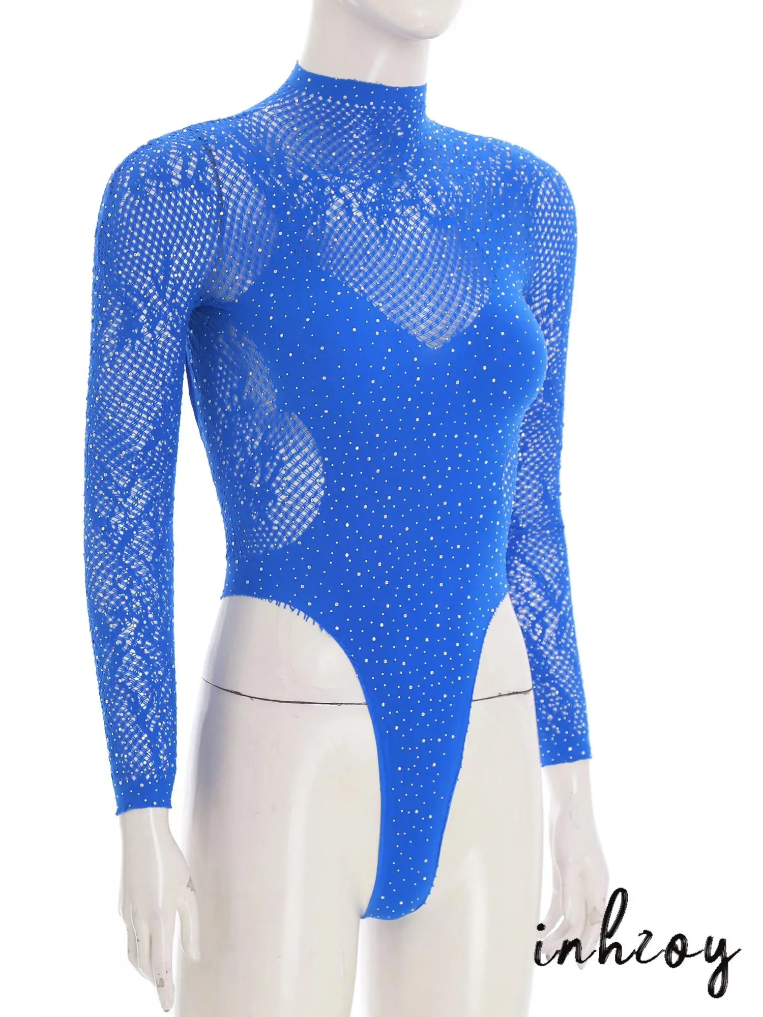 Summer Womens Shiny Rhinestone Fishnet Bodysuit Mock Neck Long Sleeve Backless Mesh Leotard Swimsuit Bikini Cover Up Clubwear