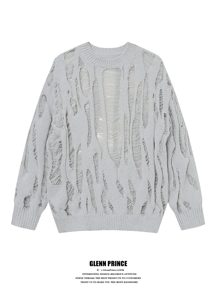 GPstudio American Style Trendy Men's Knitted Sweater Autumn Winter Loose Design Hollow out Long Sleeve round Neck Soft Fabric
