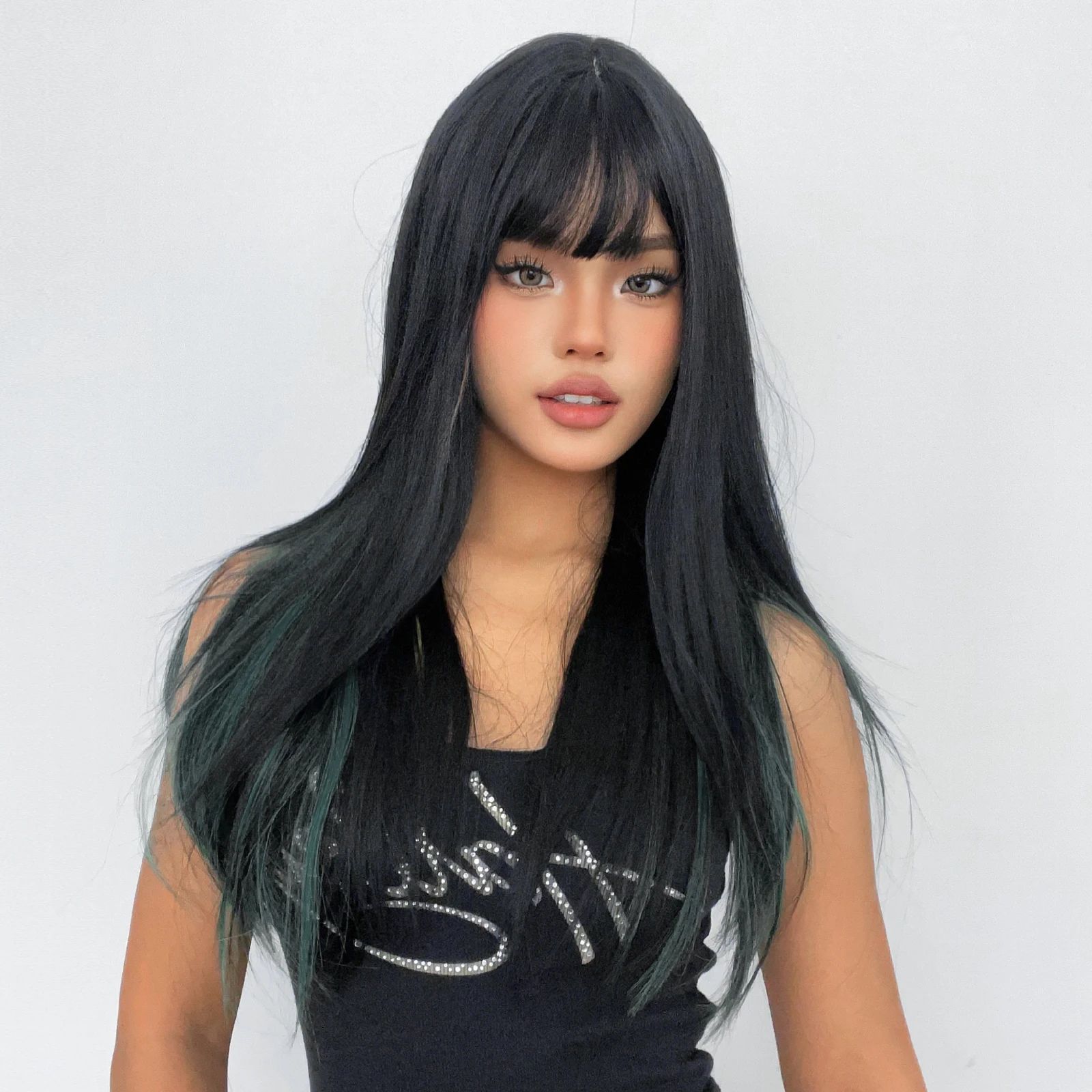 HENRY MARGU Long Straight Synthetic Wigs Black Mixed Green Halloween Wig for Women Cosplay Party Wig with Bangs High Temperature