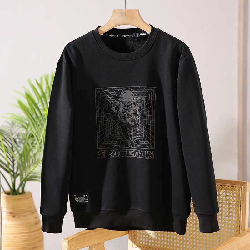 

Модный мужской свитшот с круглым вырезом, на флисовой подкладке, утолщенный, с лазерной печатью, однотонный, повседневный, на все сезоны, комфортный крой