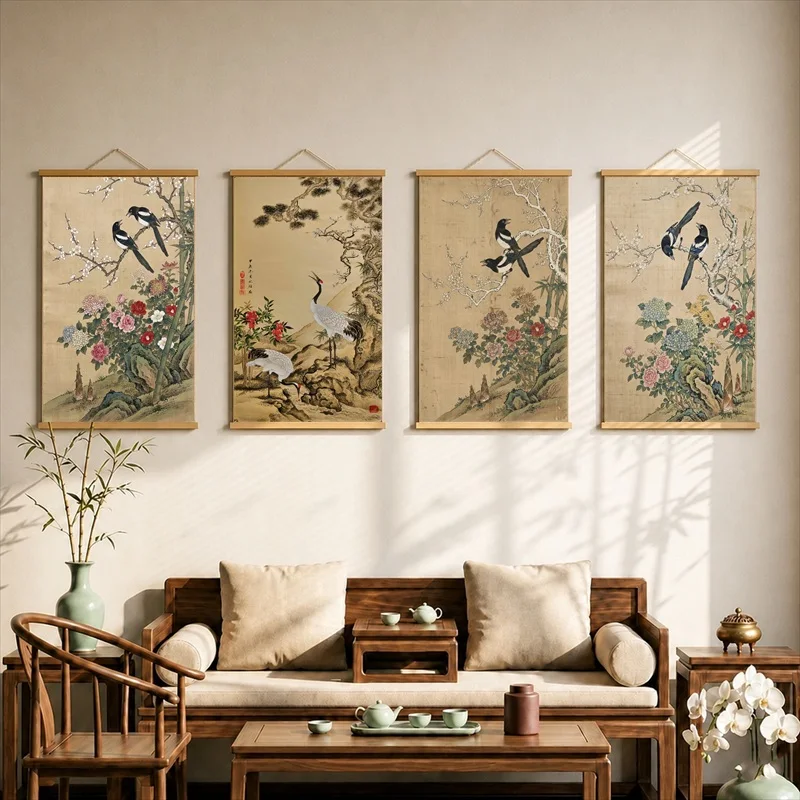 Wall Art Magpies on Plum Blossom Branches, Chinese Romantic Pearlescent Canvas Hanging Scroll with Wooden Rods for Entryway