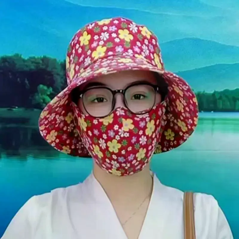 1 Piece Summer Women Countryside Style Fashion Floral Hat With Mask And Fisher Hat