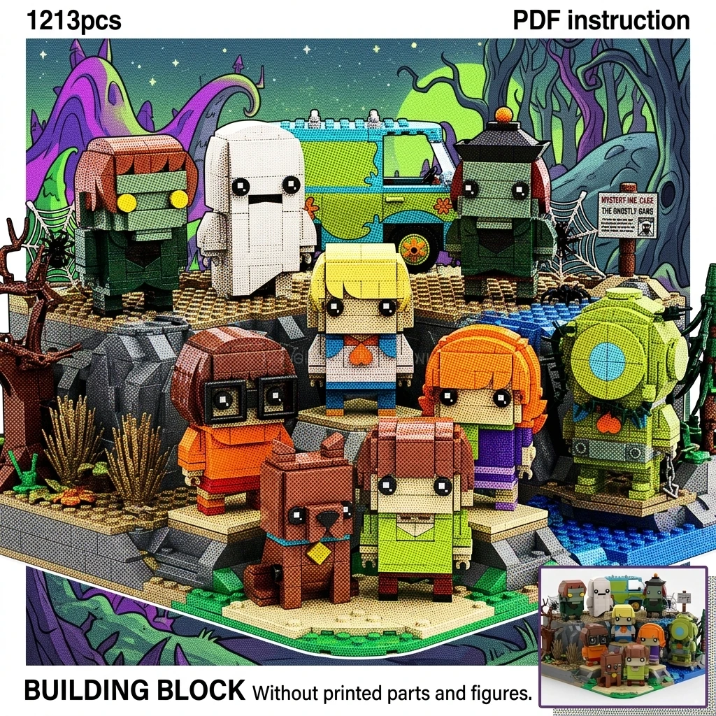 MOC Classic Mystery Cartoon Squad Cube Figures Building Blocks Retro Detective Dog Monster Hunter Team Display Adult Brick Set