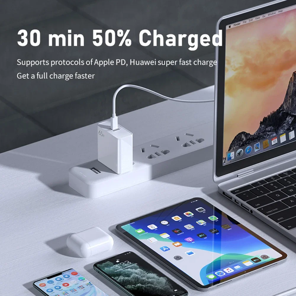 UYUXIO 65W Phone Charger Wall Adapter 2 in 1 Gan Super Fast Charging  for Macbook iPad  iPhone 16 15 Pro Max Samsung All Phone