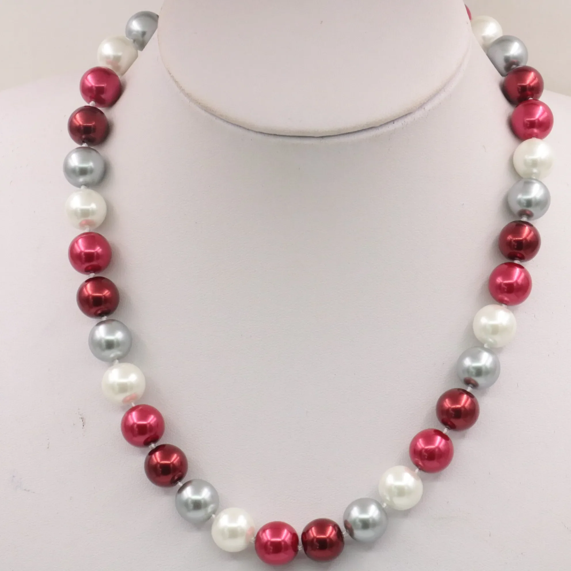 10mm Round Red&White&Gray Glass Shell Pearl Beads Necklace Girls Jewelry Making Design for Women Christmas Mother's Day Gifts