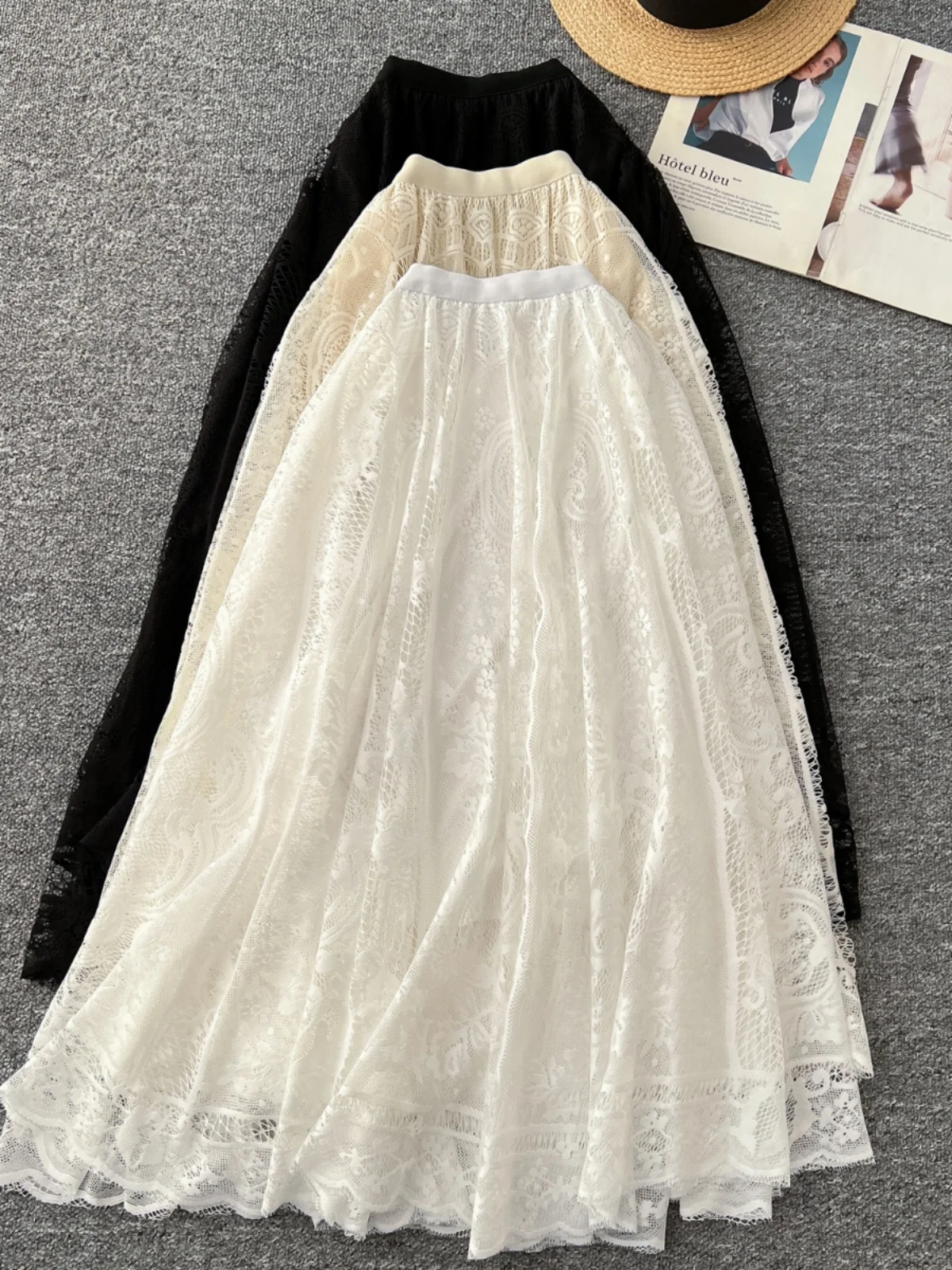 

Ele кружевная юбка трапециевидной формы, женская юбка-миди с высокой талией и эластичной резинкой на талии, утягивающая юбка-миди, нежный ветер, корейская версия