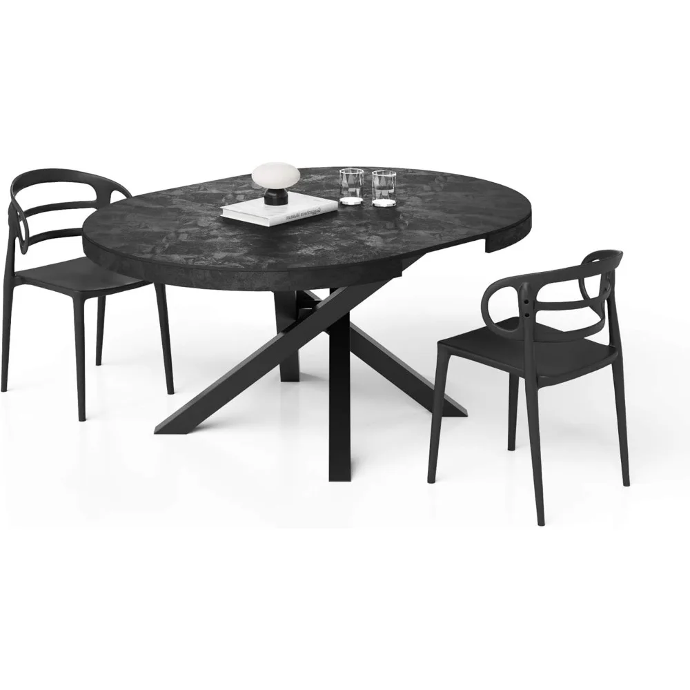 طاولة طعام مستديرة قابلة للتمديد من إيما، 47.2-63 بوصة، مظهر خرساني، أسود مع أرجل متقاطعة سوداء، مقاعد 4-6