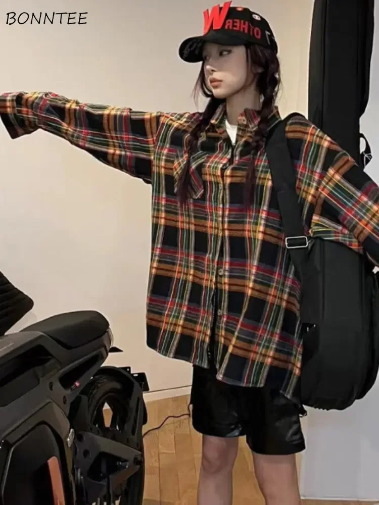 

Women Shirts Vintage Design Simple All-match Spring Loose Fashion Elegant Tender Casual Korean Style Daily Students Cozy Plaid