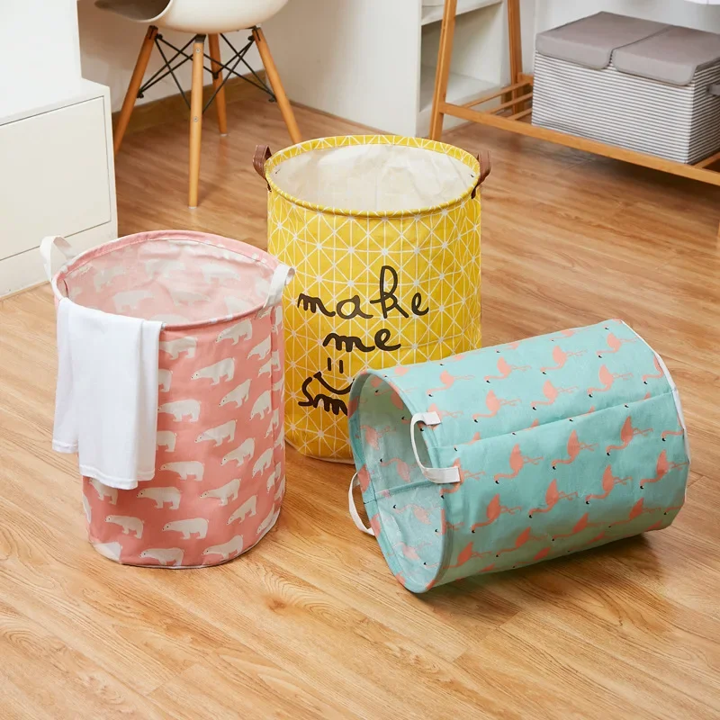 Bedroom Hamper Household Clothes Bucket Clothes Storage Basket Foldable Clothes Round Cotton Linen Basket Clothes Toy Storage