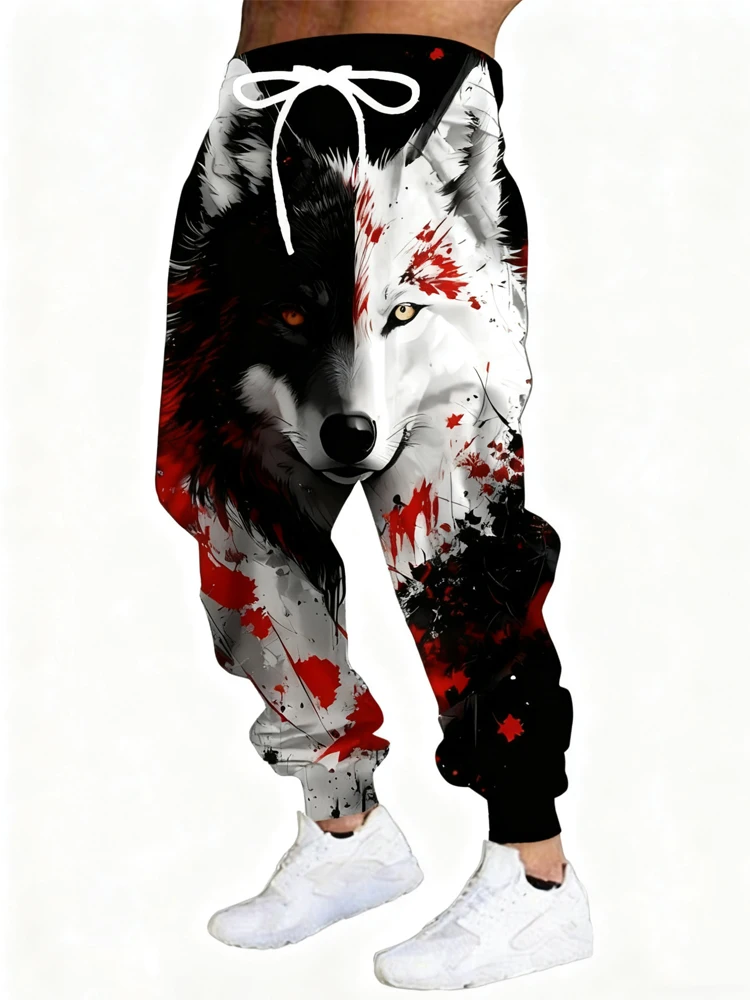 

Новые мужские повседневные брюки с 3D принтом волка, уличные дышащие спортивные брюки, стильные уличные брюки на шнурке, мужские брюки с манжетами