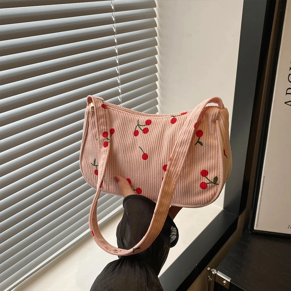 Women Fashion Casual Underarm Bag Sweet Cherry Print Corduroy Shoulder Bag Girls New Simple Travel Portable Makeup Pouch Handbag