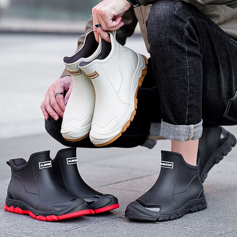 Fashiona Men's Short Tube Rain Boots Anti-Slip Men's Work Boots Outdoor Fishing Waterproof Shoes Labor Protectio Rubber Footwear