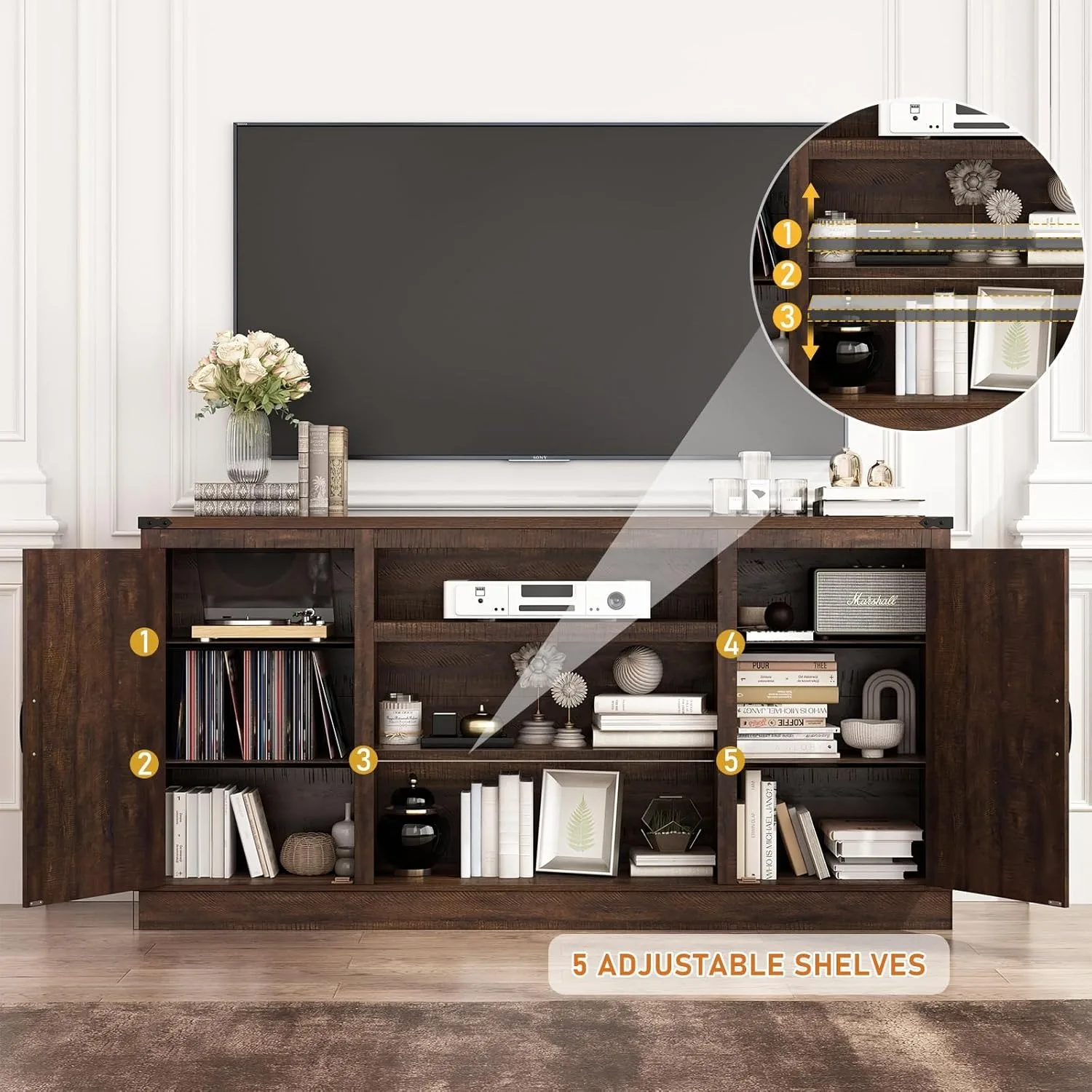 Suporte de TV de 66 polegadas com tomada de energia, capaz de acomodar 75 TVs de 65 polegadas, armário de armazenamento com suporte ajustável, cor marrom