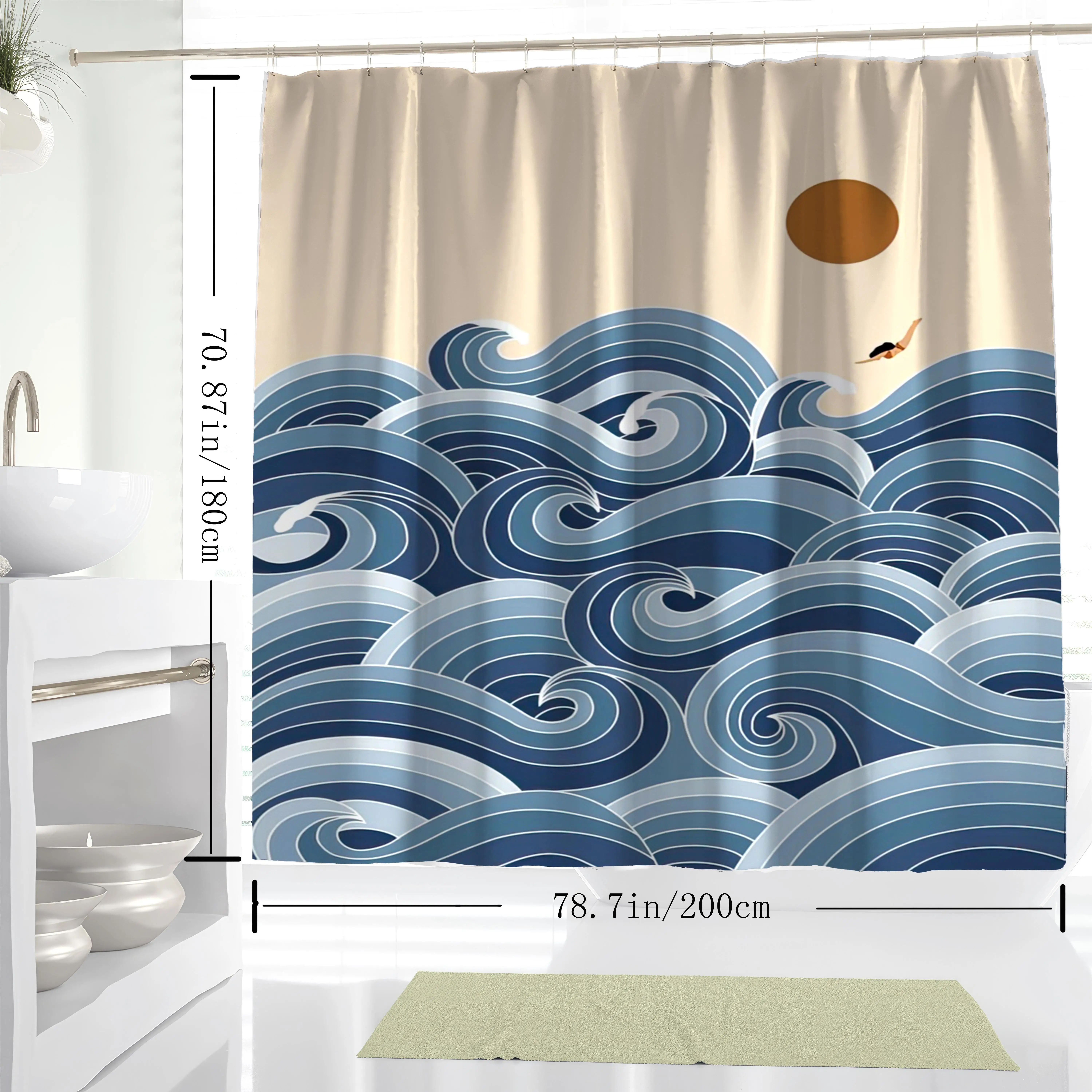

[Занавеска для душа YWJHUI] 1 шт. YWJHUI Занавеска для душа с принтом океанских волн - высококачественный полиэстер, дизайн синей и белой волны с