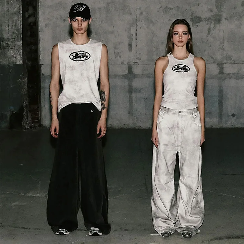 Badblood bcac American retro high street distressed washed and aged dirty white denim women's loose pants