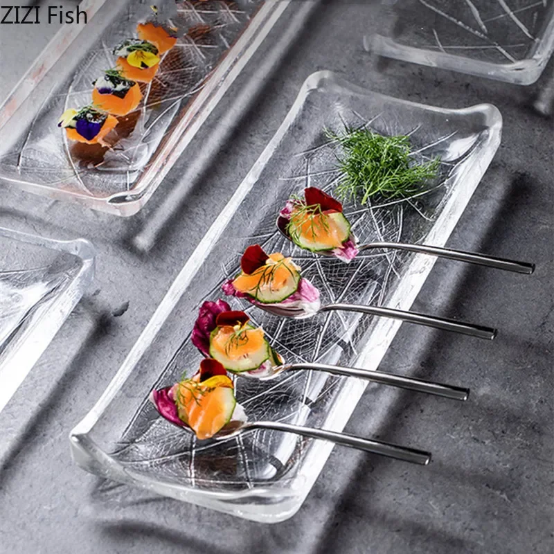 Transparent Glass Plate Japanese Izakaya Sashimi Sushi Plate Afternoon Tea Dessert Cake Plate Kitchen Rectangular Tableware