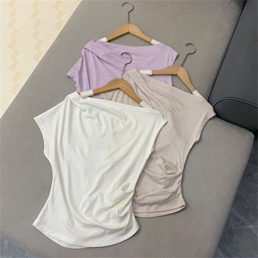 

Women's One-Word Slanted Shoulder T-shirt Fashionable Waist Slimming Top for Women