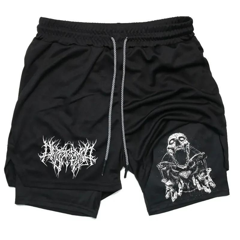 

Y2K Performance Men Quick-drying Fitness Skull Print Double Layer Shorts Workout Training Running Bodybuilding work short pants