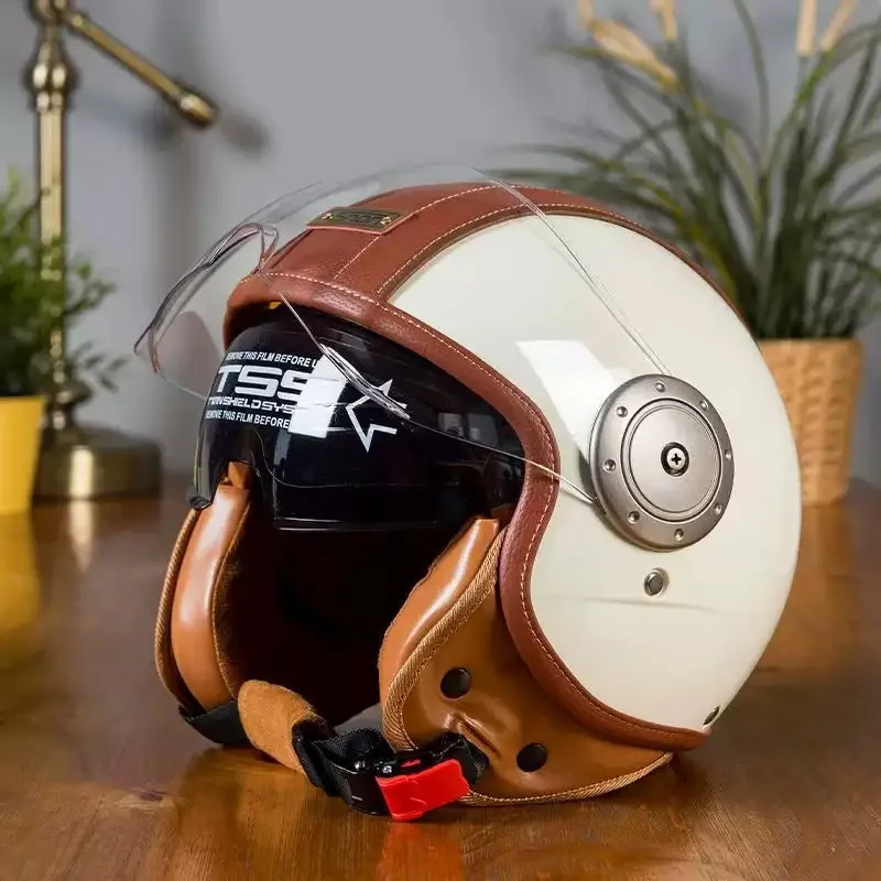

DOT Certified Open Face Helmet Men Women Retro 3/4 Leather Jet Helmet Motorcycle Helmets Cafe Racer Half Face Helmet