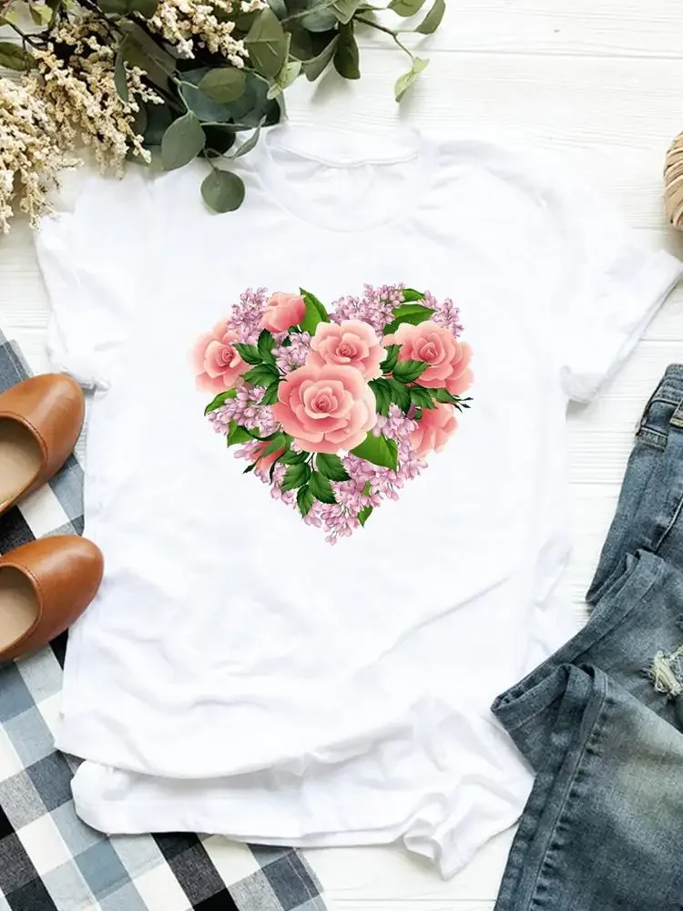 

Flower Floral Love Heart Trend Print Fashion Women Graphic Tee Summer T Clothing Female Clothes Short Sleeve Casual T-shirts