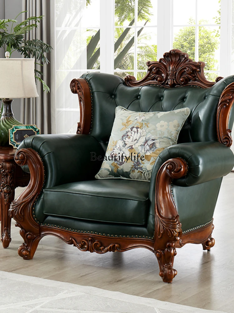 -*American all-solid wood leather sofa European light luxury villa large luxury living room
