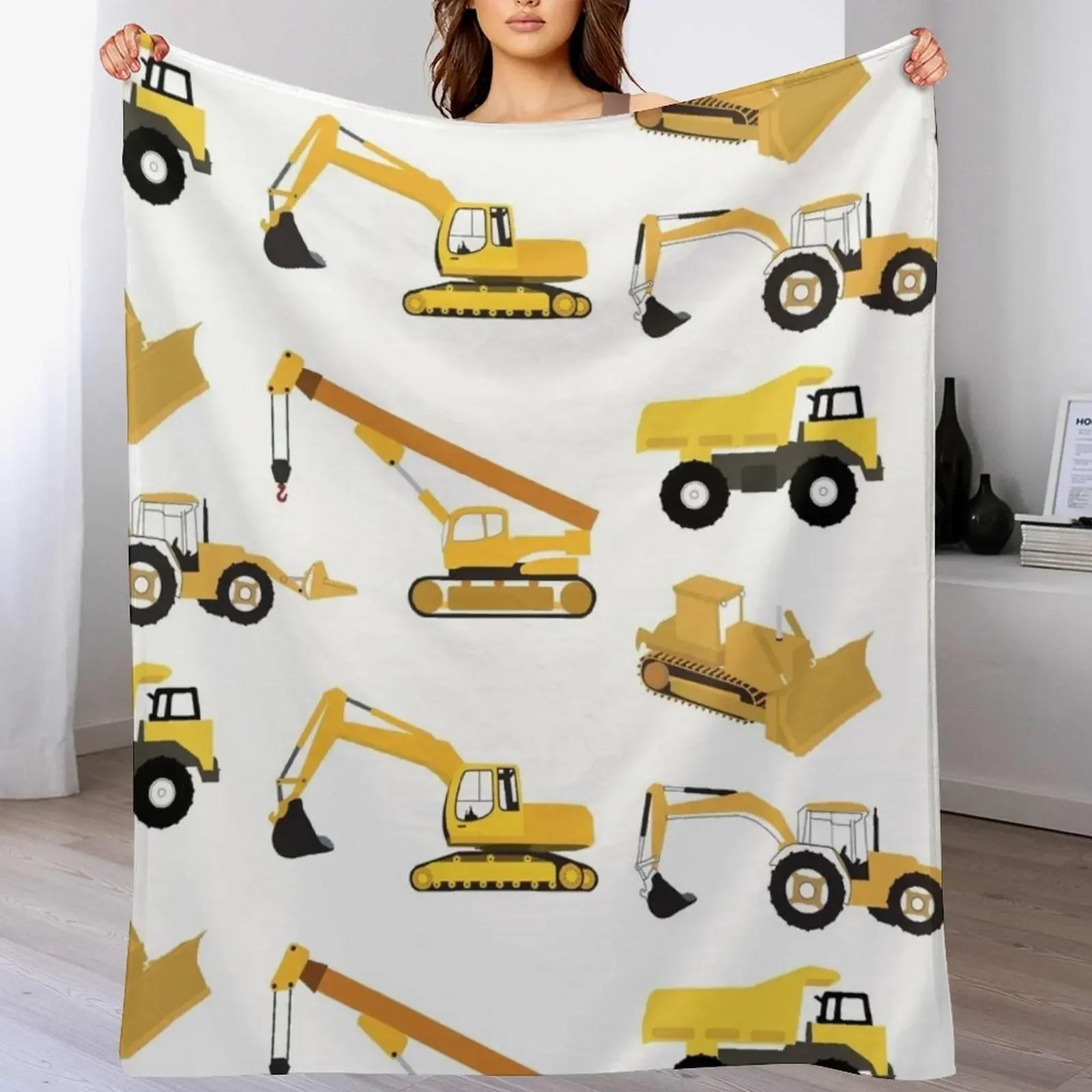 New Construction Trucks - Dump Truck, Excavator, Crane, Bulldozer and Backhoe Throw Blanket For Baby Hairys Soft Plaid Blankets