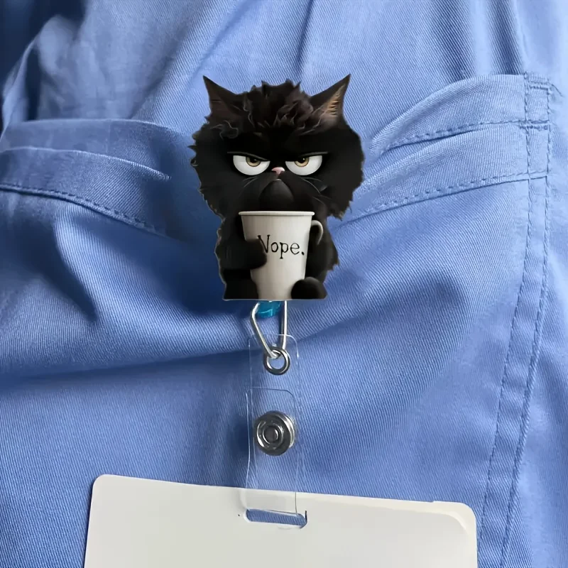 1pc cute teacup black cat retractable badge clip, 2D acrylic with durable nylon cord, suitable for office workers, nurses