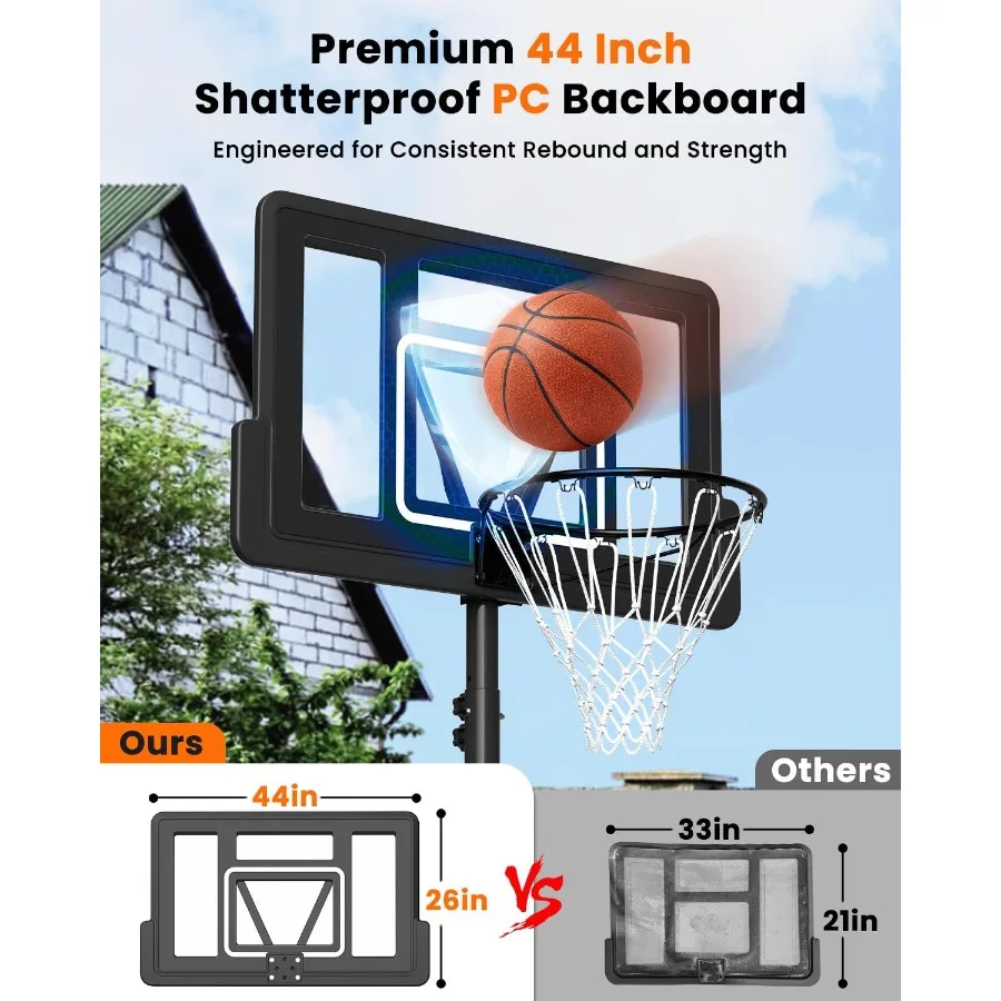 Portable Basketball Hoop with 5.6-10FT Adjustable Height for Backyard and Driveway Use 44 Inch Outdoor Basketball Goal System w