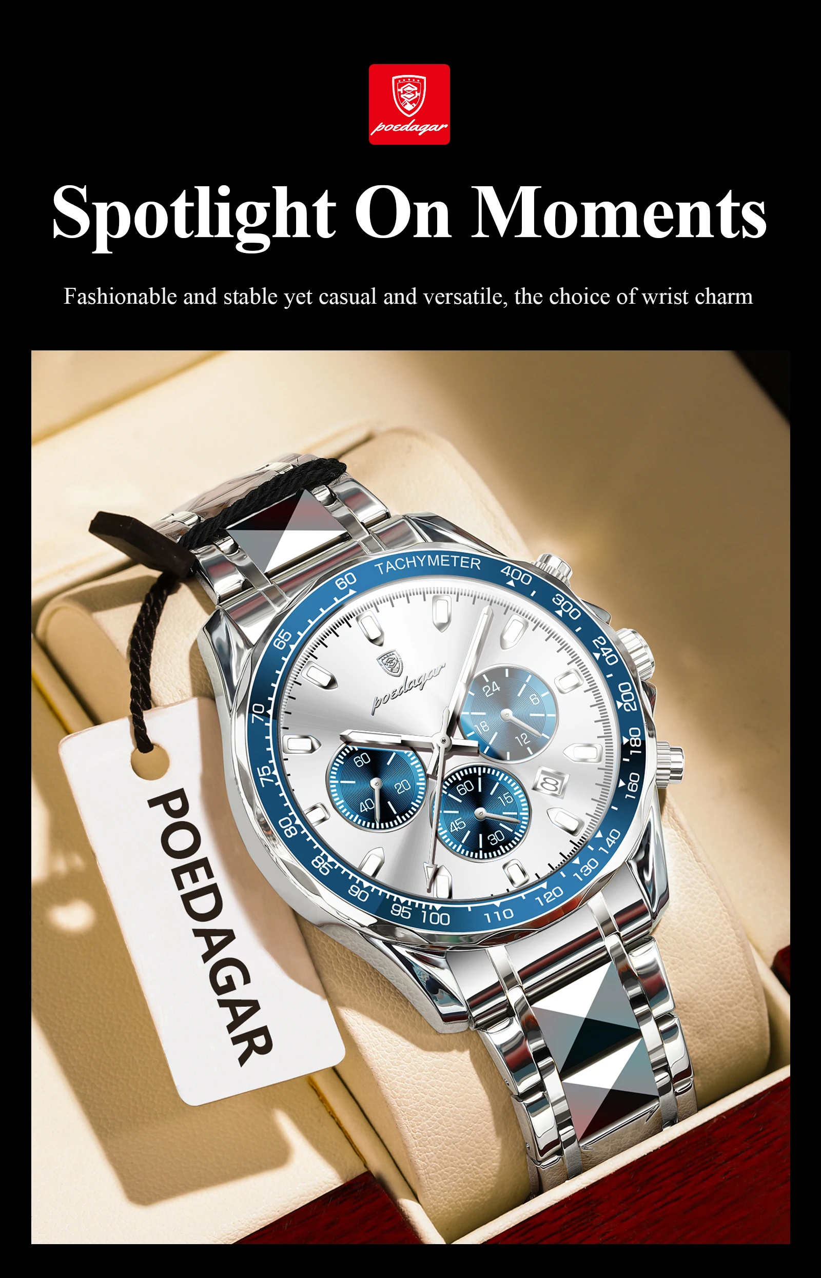 POEDAGAR Luxus Marke Männer Uhr Wasserdicht Leucht Edelstahl herren Uhren Chronograph Datum Quarz Business Uhr Für Mann – Detail 4