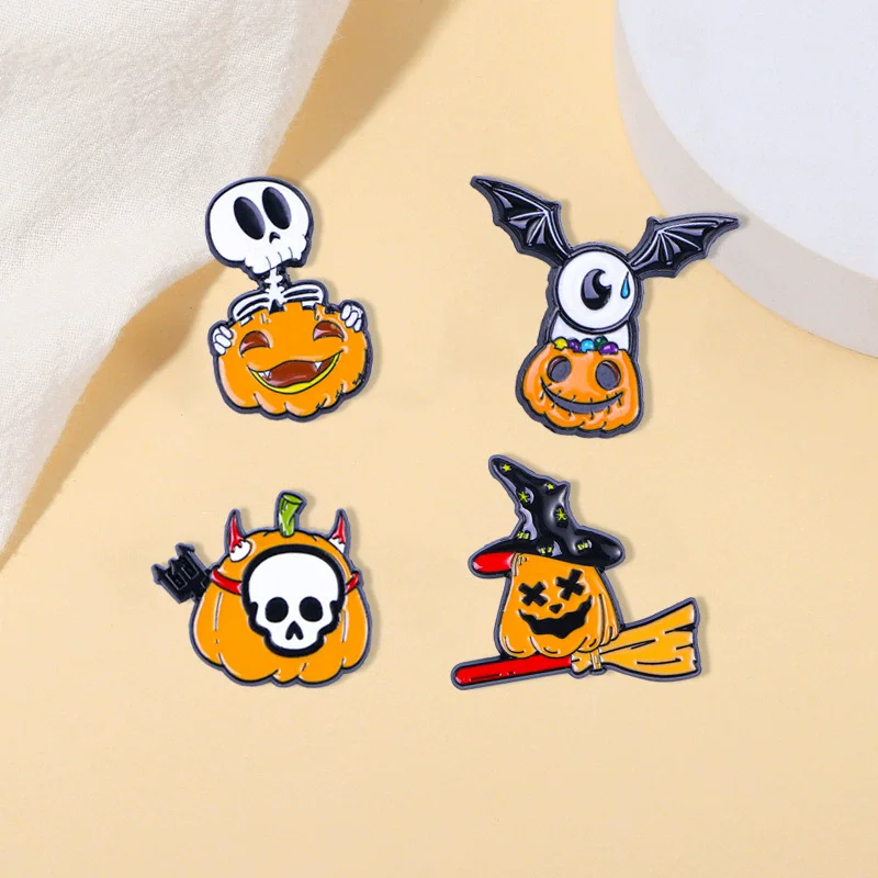 Funny Halloween Pumpkin Head Theme Enamel Brooches Novelty Wizard Hat Bat Skull Ghost Pattern Lapel Pins For Festival Gift