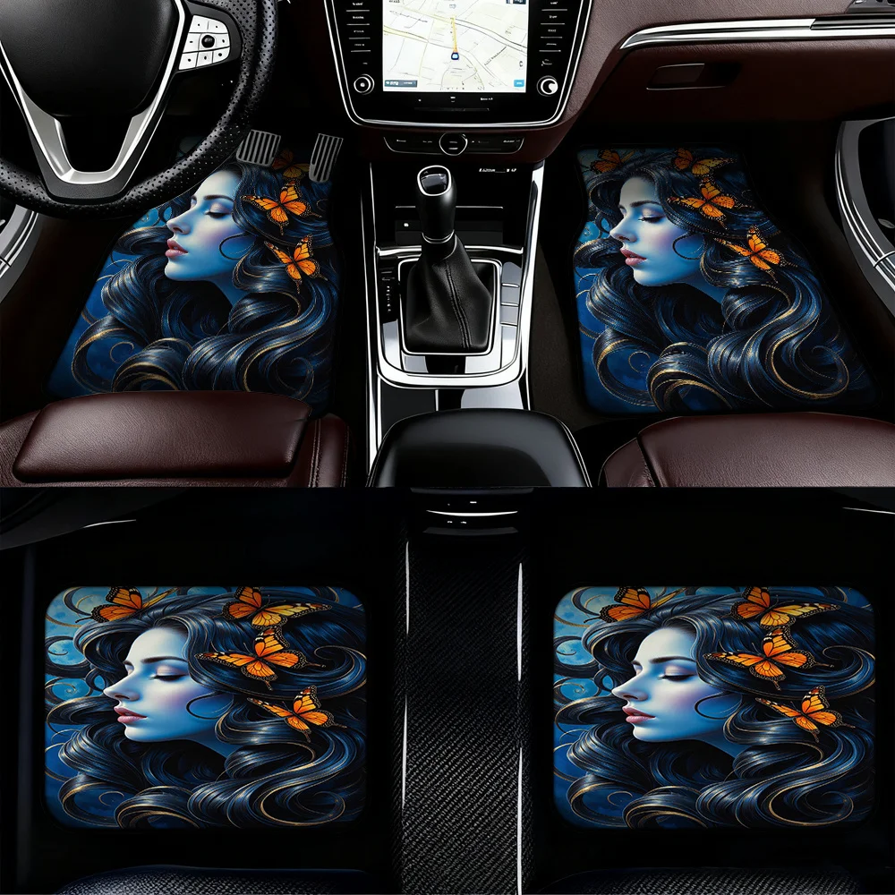 4pcs Butterfly Woman Portrait Psychedelic Car Mats - Vibrant & Orange Design, Durable Polyester, Fit For Hatchbacks & Sedans, Ea