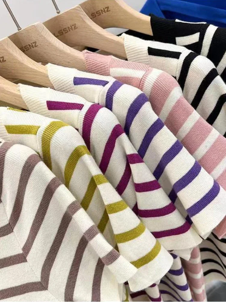 New Woman Clothing Striped Short Sleeve T-shirt Slim Fit Tops Female O-Neck Knitted Sheath Tee Shirt Street Wear Sex Sporty Y2K