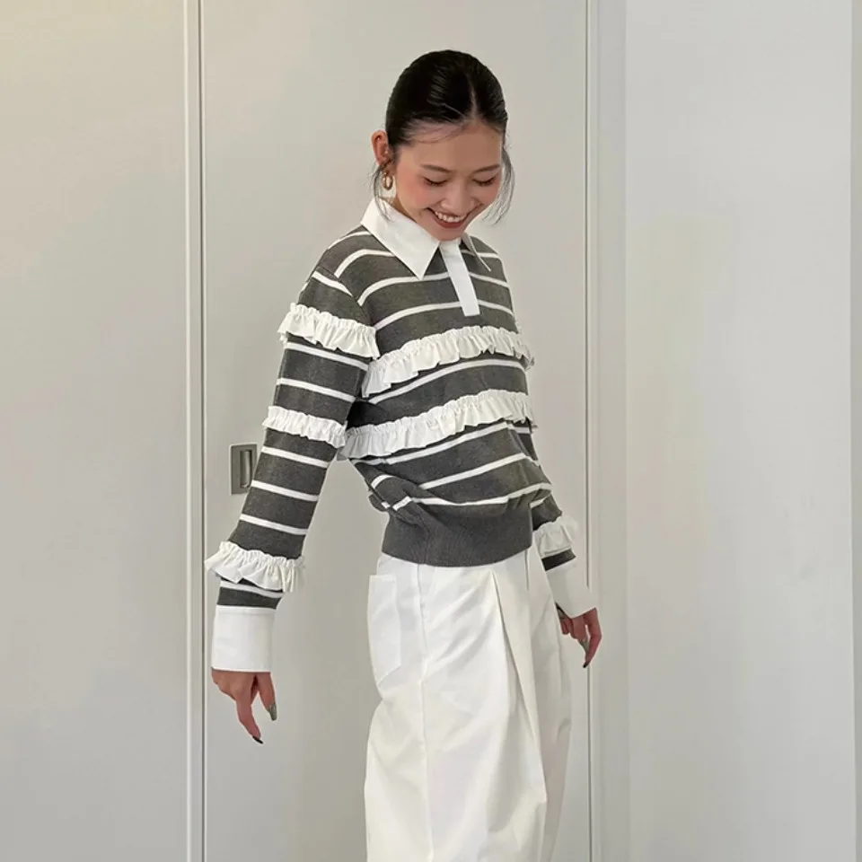 Autumn Winter Striped Knitwear Women's Fashion Thickened Lace Collar Splicing Casual Style Business Scene Regular Sleeve Length