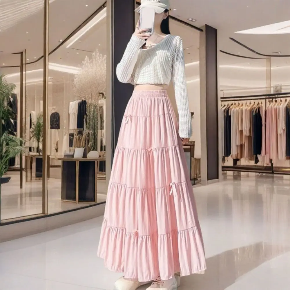 

Bowknot Tiered Midi Skirt Hight Waist Pleated Long Cake A-line Skirts Chic Solid Color Seven Point Long Dress Spring Summer